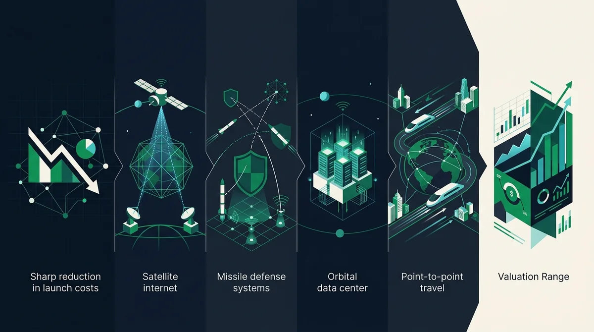 信息图呈现 SpaceX 估值逻辑：发射成本从每公斤 20000 美元降至 10 美元，打开 Starlink、导弹防御、轨道数据中心、点对点旅行四大应用，估值从 10 万亿美元到 100 万亿美元。用图形关系表达，最多 2 个英文短标签，无中文