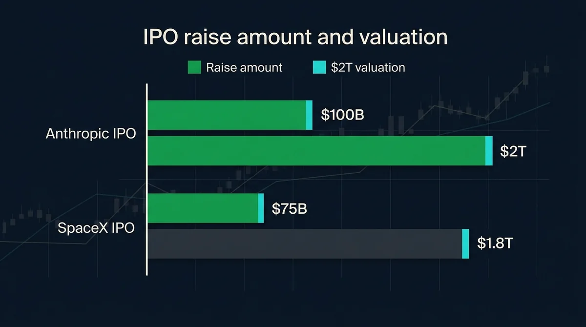 Anthropic 与 SpaceX IPO 募资额与估值对比横向柱状图，标注 $100B/$2T 与 $75B/$1.8T 的关键数据