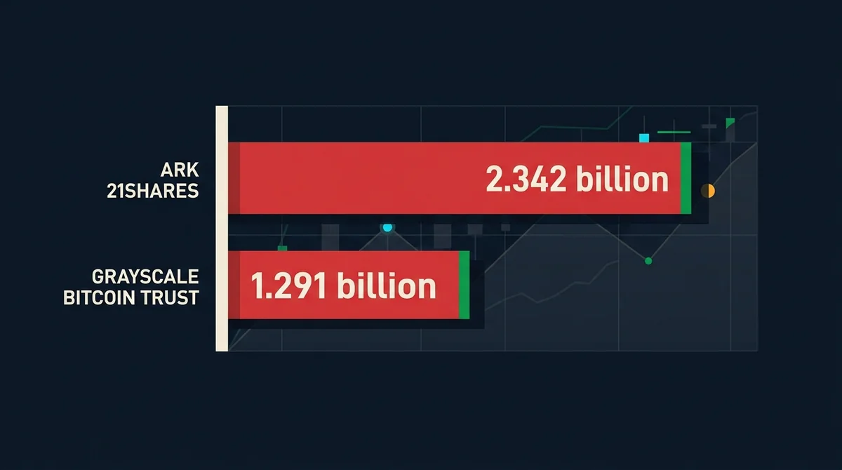 横向柱状图对比 ARK 21Shares Bitcoin ETF 当周净流出2.342亿美元与 Grayscale Bitcoin Trust ETF 净流出1.291亿美元，突出两者合计占比