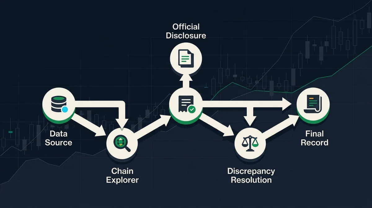 五位一体数据核验路径流程图:从CoinGecko/CoinMarketCap项目页获取市值,到链上合约浏览器核对合约与发行量,再到项目方官网或公告核对底层资产,不一致时以官方口径为准,最后记录核验日期并填入榜单