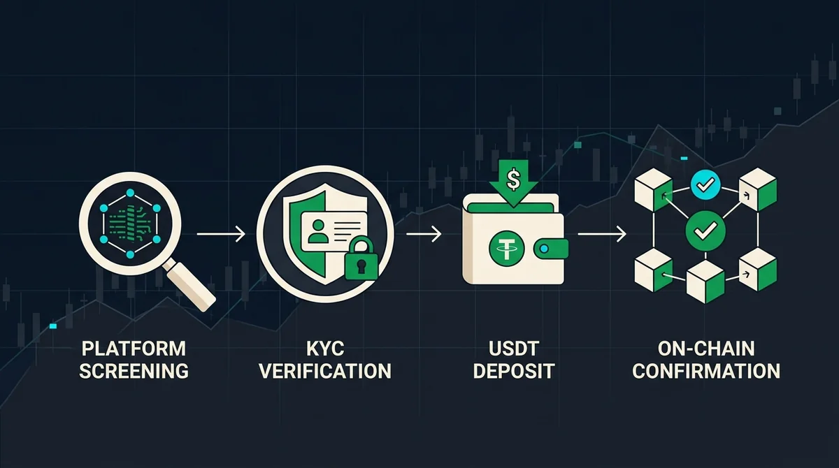 深色财经信息图，以四个图形节点展示开户、KYC、USDT入金和到账核验的流程，使用简洁几何图标与箭头连接，最多2个英文短标签