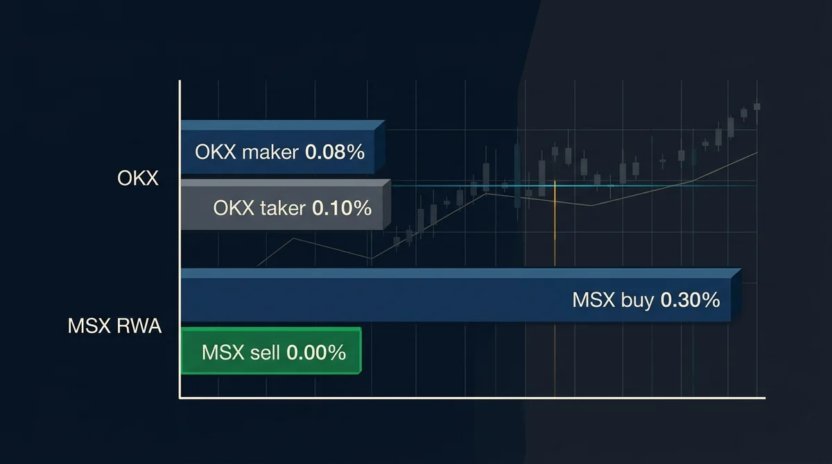 OKX 现货与 MSX RWA 现货费率对比柱状图，仅呈现输入中已核验的费率数字，深色底，绿色高光标注最低费率，英文短标签