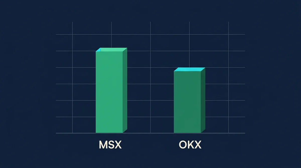 RWA交易所费率对比横向柱状图，以图形高度对比MSX与OKX的现货交易费率（MSX买0.3%/卖0%，OKX maker 0.08%/taker 0.1%），仅保留平台名称英文短标签，具体数字由正文表格提供