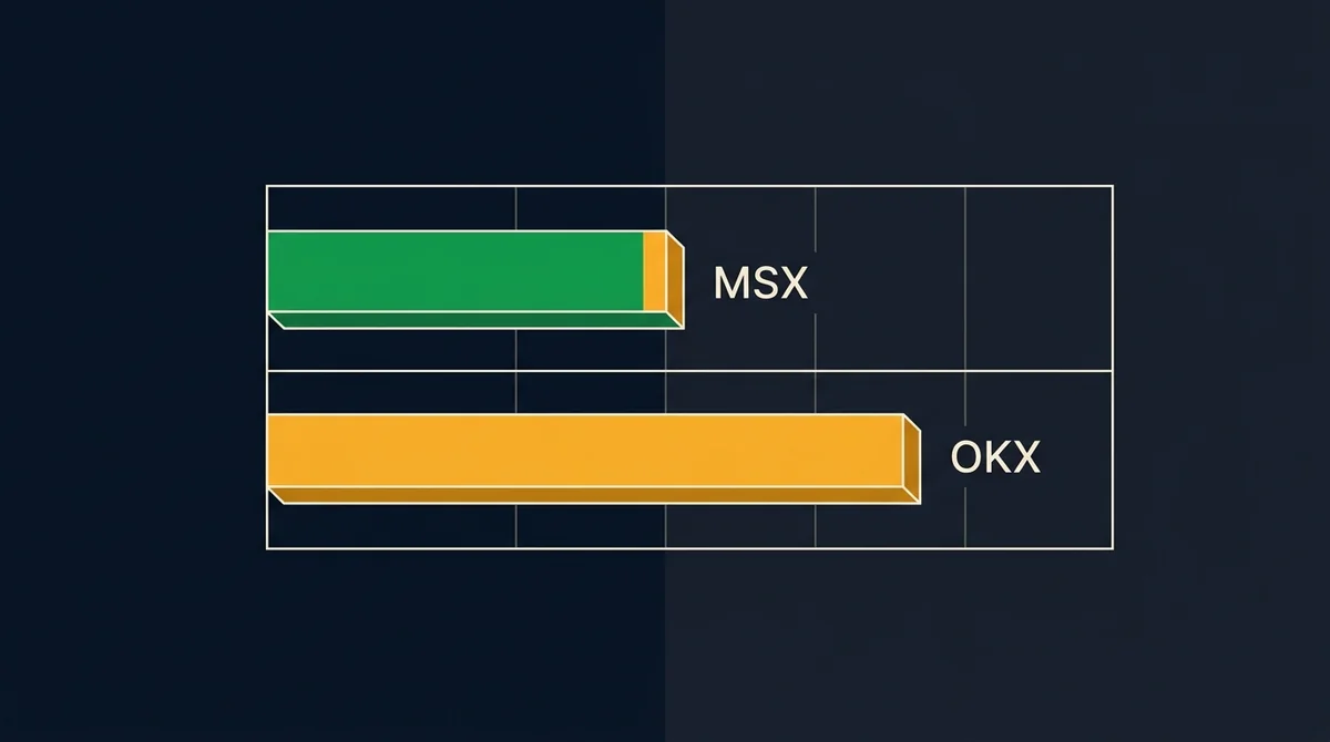 横向柱状图对比 MSX 与 OKX 现货费率，绿色与琥珀色短柱，仅保留 MSX 和 OKX 两个英文短标签，不标注具体数字，依据 2026 年已核验费率页生成