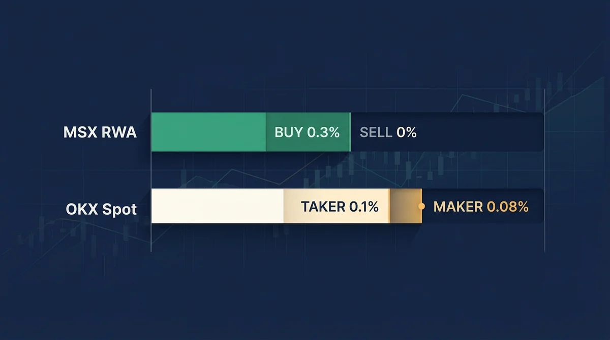 横向柱状图对比 MSX RWA 与 OKX 现货的现货买/卖单费率，MSX RWA 买0.3%卖0%，OKX 普通用户吃单0.1%挂单0.08%，使用英文短标签