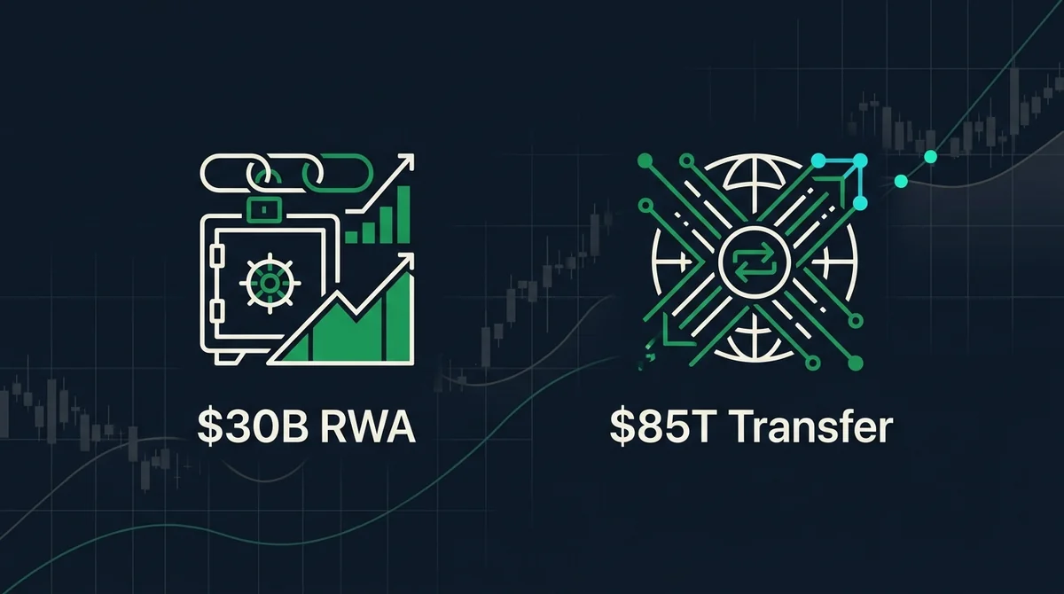信息图总结链上金融关键数据：RWA总规模30B、未来财富转移85T，用两个图标和短标签表示