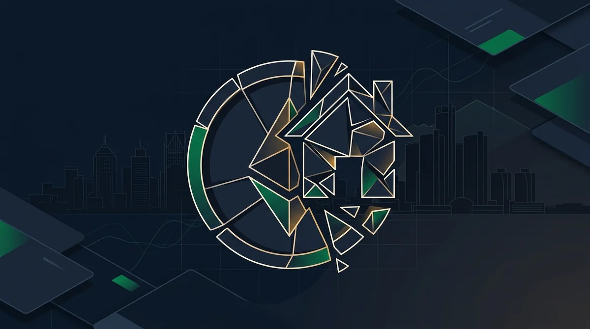 封面图：优先使用授权明确的真实图展示底特律涉诉房产或RealToken相关场景（不含真实人脸）；若未命中则回退为深海军蓝财经编辑插画，抽象代币化房产符号与断裂链条构成单一焦点，绿色警示高光，干净负空间，零文字