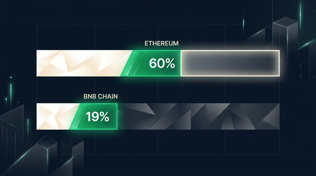 RWA 资产链上分布对比图：以太坊约60%，BNB Chain约19%，其他链约21%，使用横向条形展示